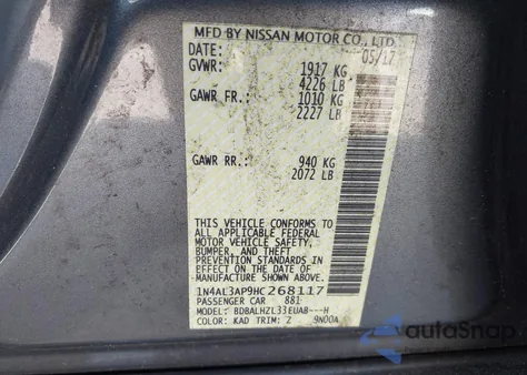 2017 Nissan Altima 2.5 Sr from USA, damaged, VIN 1N4AL3AP9HC268117